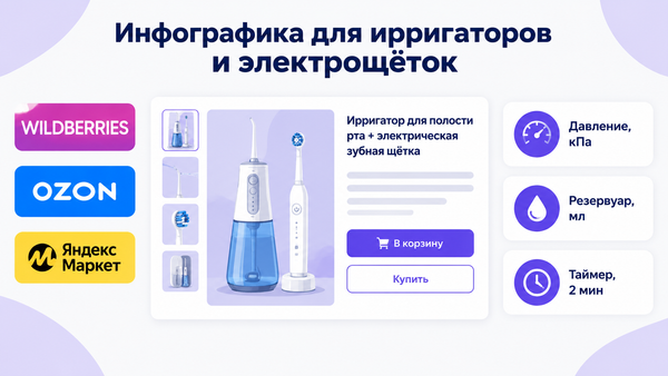 Обложка: заголовок «Инфографика для ирригаторов и электрощёток», логотипы Wildberries, OZON, Яндекс Маркет, карточка товара, выноски «Давление, кПа», «Резервуар, мл», «Таймер, 2 мин»